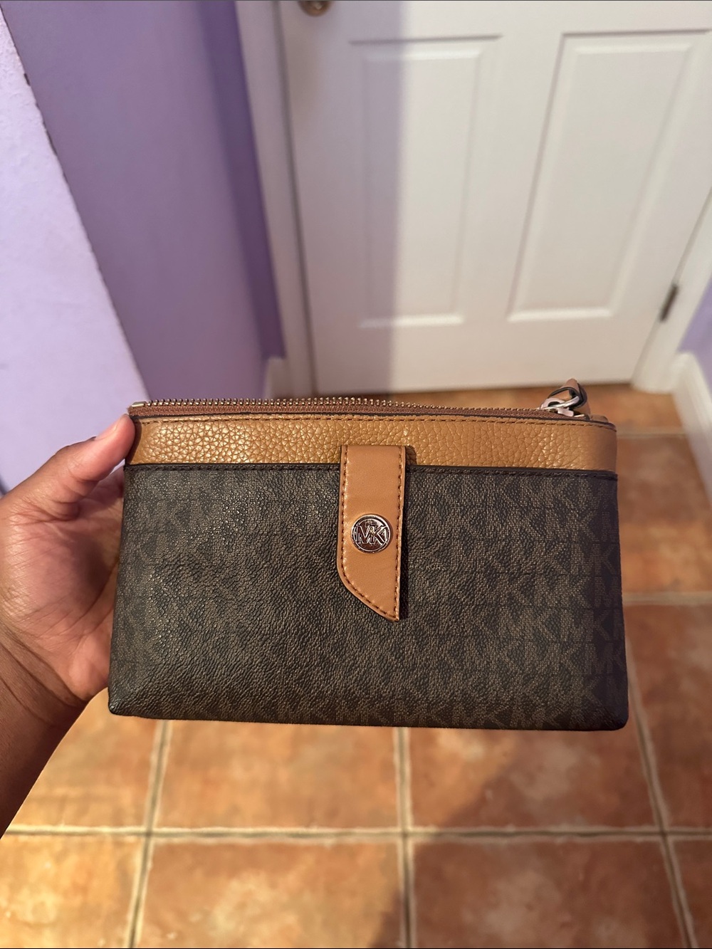 Michael Kors Brown and Tan Logo Toiletry Pouch